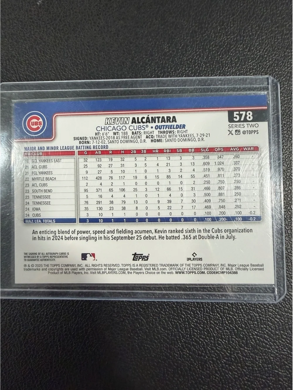 2025 Topps Series 2 Kevin Alcántara Rookie Autograph #578 Chicago Cubs RC Card